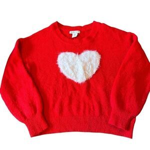 Sincerely Jules Fuzzy Heart Crew Neck Alpaca Blend Pullover Sweater Red Small